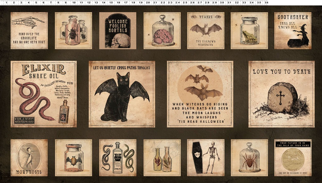 Gothic Halloween | Digital Blocks Panel Black by Dan DiPaolo for Clothworks | Y4438-3