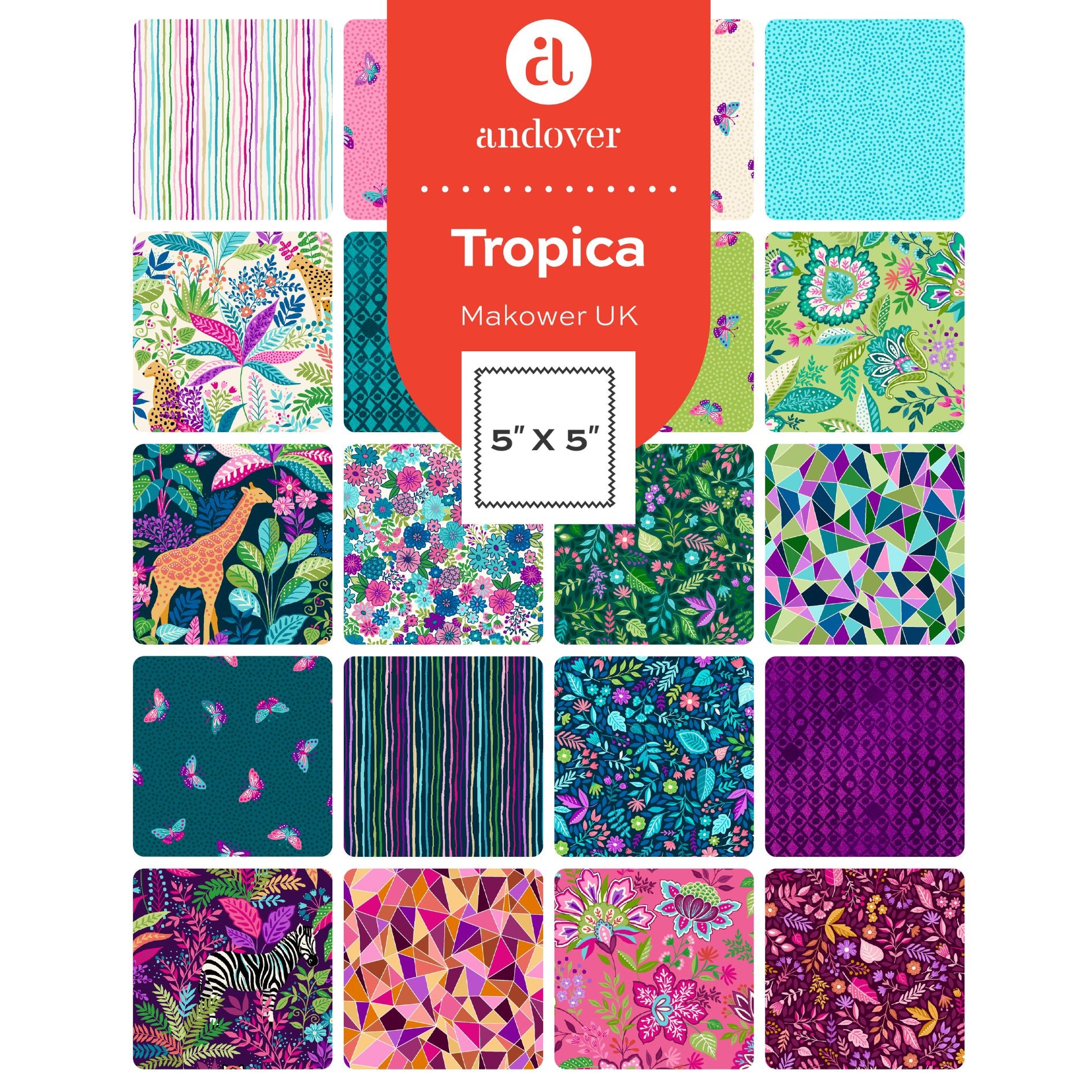 Tropica | 5" Charm Pack by Makower UK for Andover Fabrics | 42 pcs