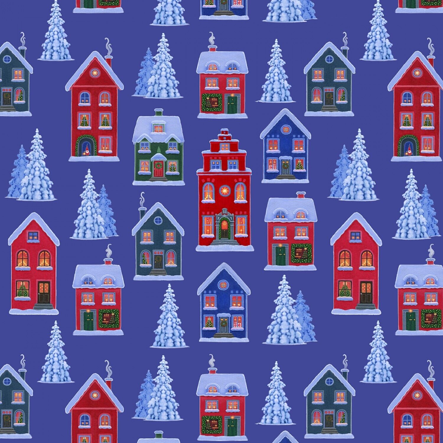 Tomtens Village - Village and Trees on Dark Blue - (half yard)