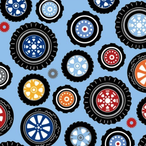 Rev Em Up - Polka Dot Wheels Blue - 1 YARD cotton fabric