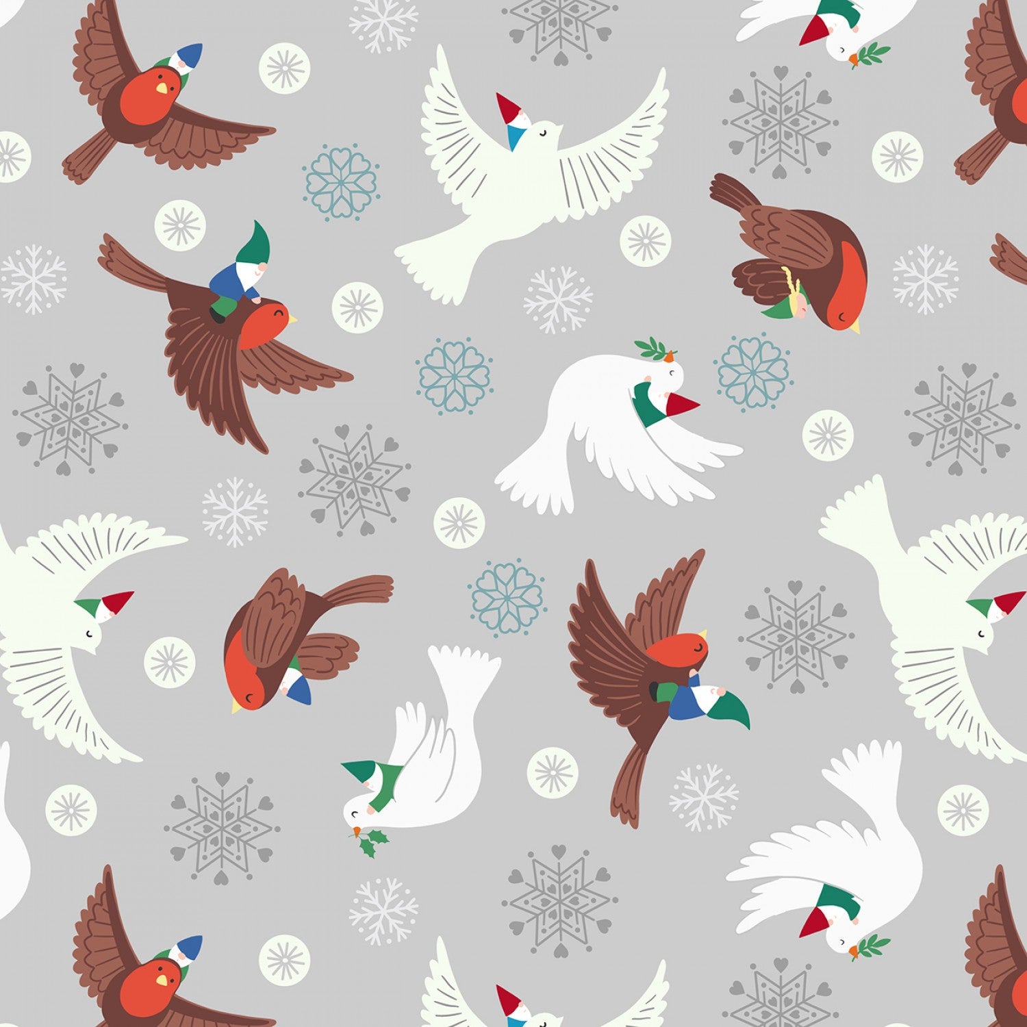 Hygee Glow by Lewis & Irene - Flying Tomte on Silver *Glow in the Dark* - (1 yard cotton)