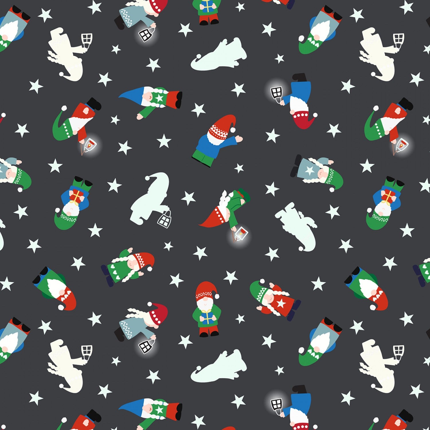 Hygee Glow by Lewis & Irene - Mini Tomte on Charcoal *Glow in the Dark* - (1 yard cotton)