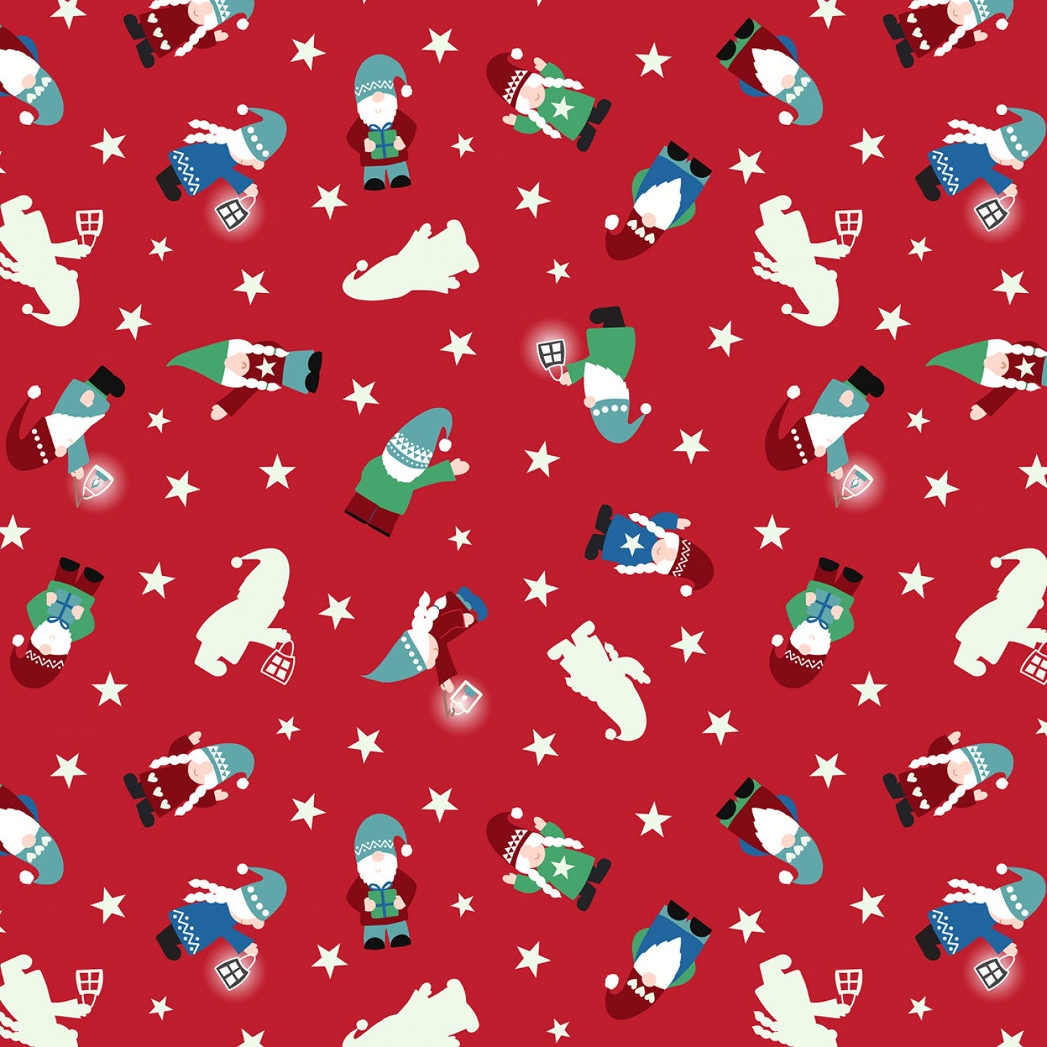 Hygee Glow by Lewis & Irene - Mini Tomte on Red *Glow in the Dark* - (1 yard cotton)