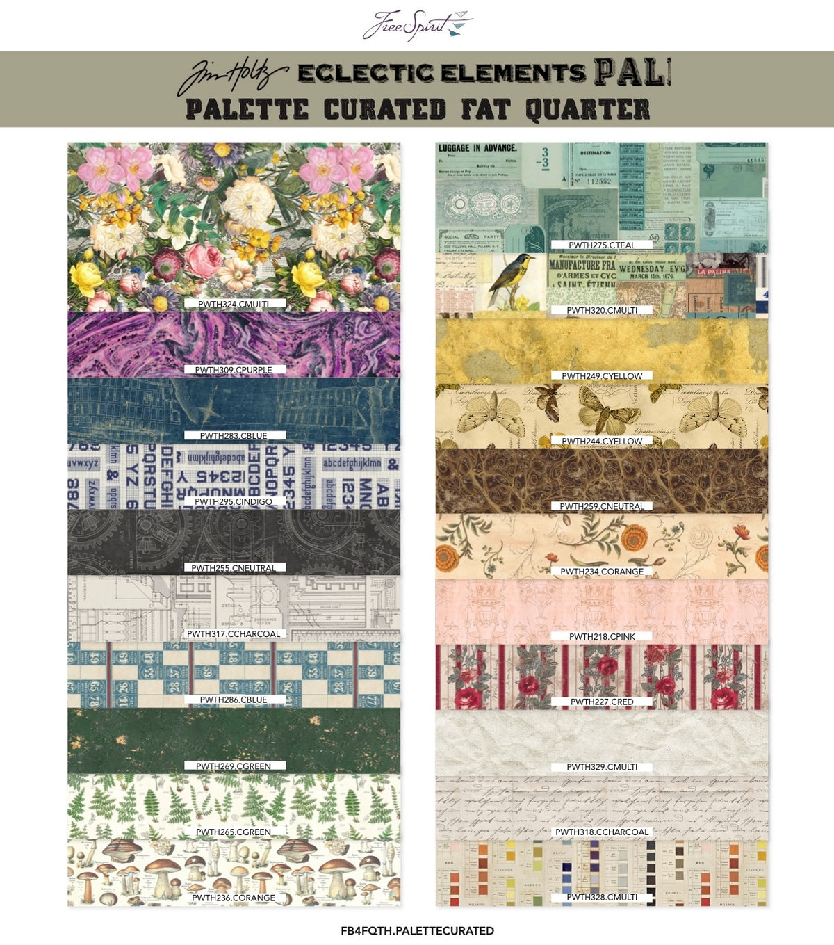 Eclectic Elements Palette Curated | 20-Piece Fat Quarter Bundle by Tim Holtz for FreeSpirit Fabrics