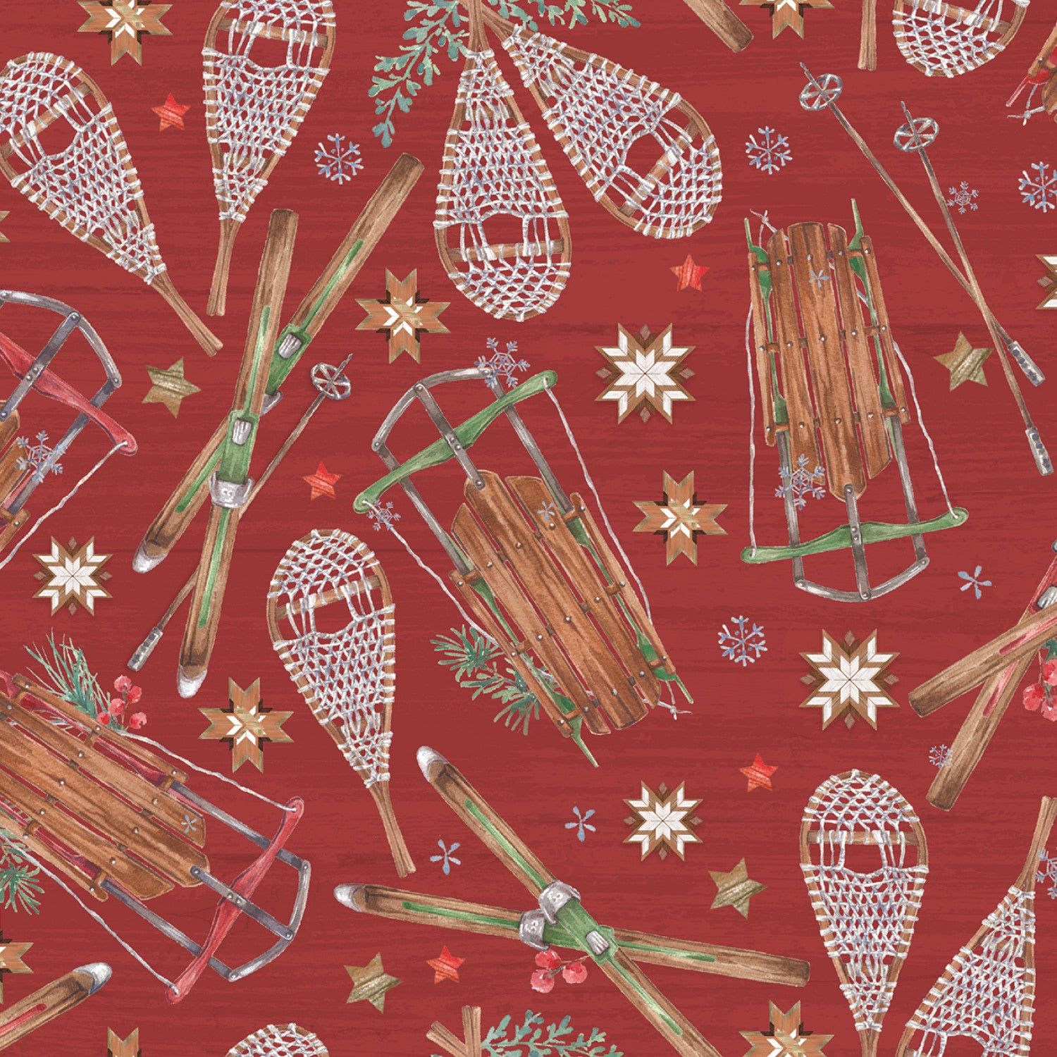 Snowflake Lodge | Snowshoes and Sleds Red by Courtney Morgenstern for