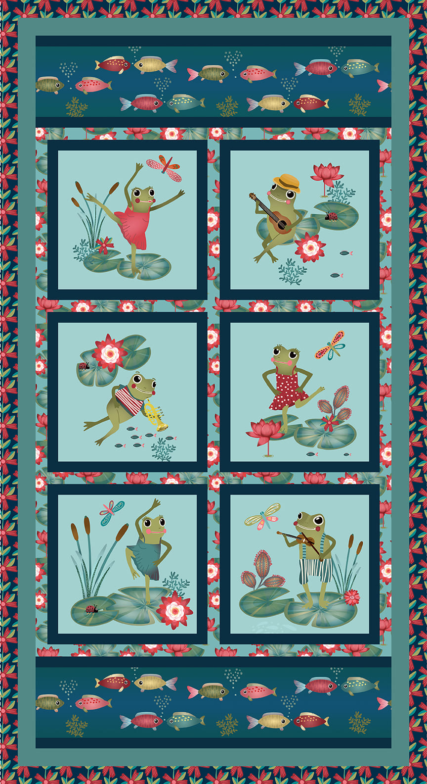 Lake Night Serenade | Light Blue Frog Blocks 24" Panel by Bienvenido for Blank Quilting | 4310P-72