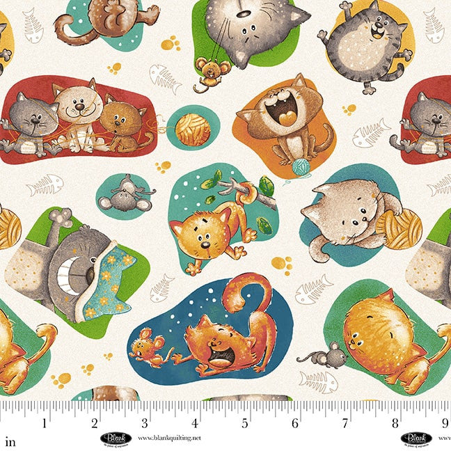Cat Hair Don't Care | Tossed Cats - Ivory by Nidhi Wadhwa for Blank Quilting | 4421-44