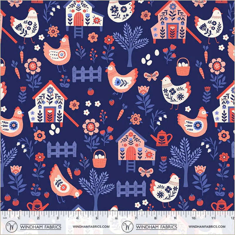 Folky Chicken | Chicken Co-op - Indigo by Natalie Briscoe by Windham Fabrics | 55237-2
