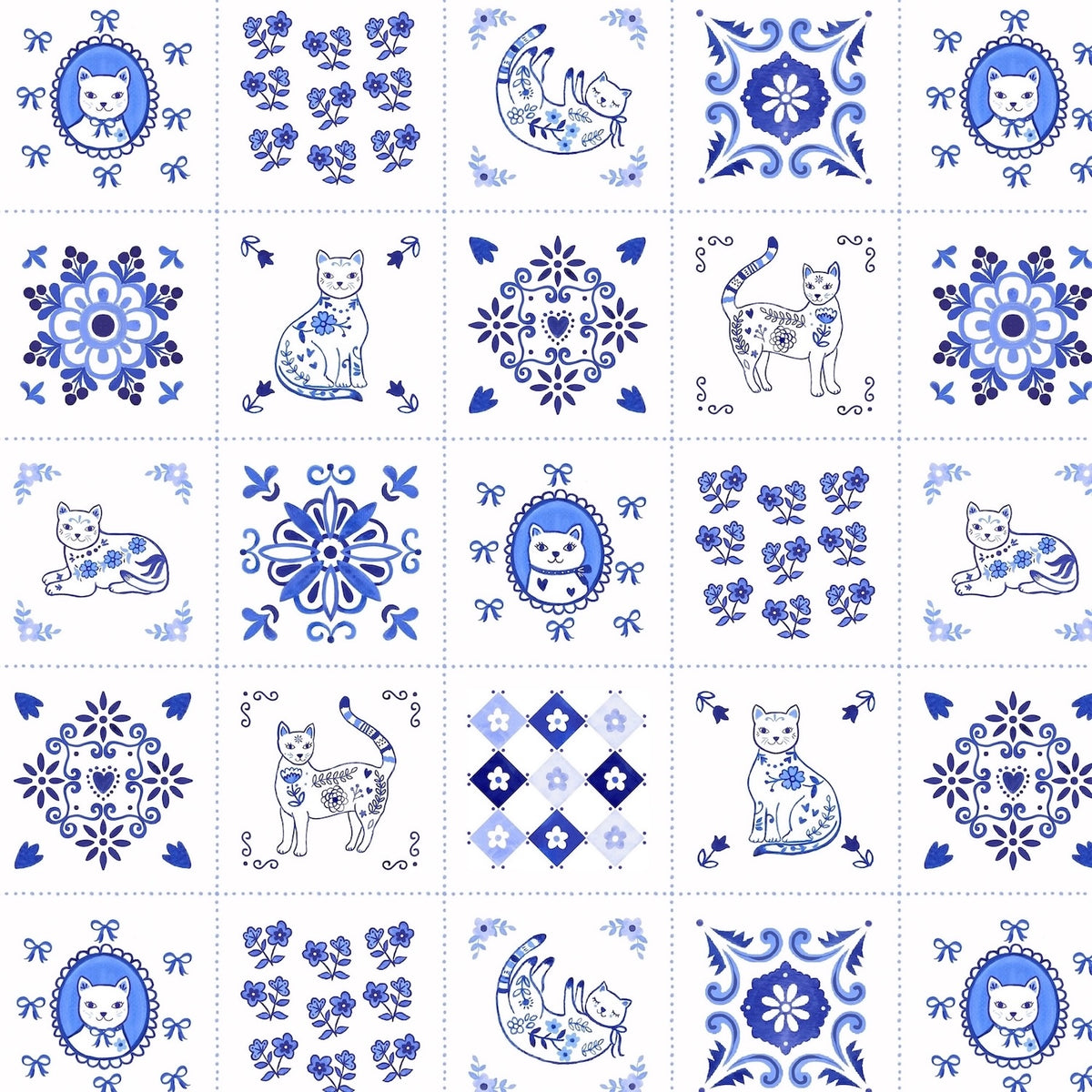 Chateau Meow | Tiny Tiles - White/Blue by Whistler Studios for Windham Fabrics | 55342-1