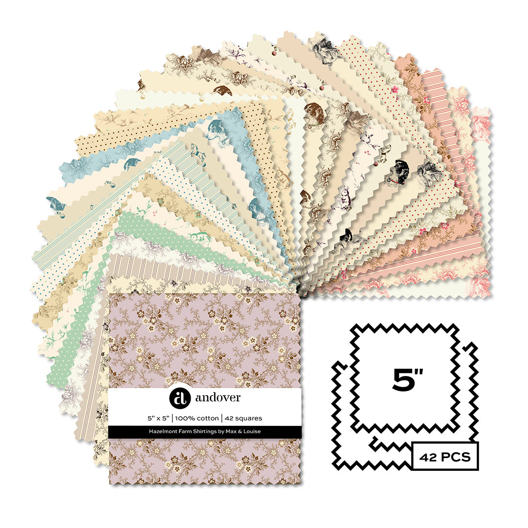 Hazelmont Farm Shirtings | 5" Charm Pack by Max and Louise for Andover Fabrics | 42 pcs | 100% Cotton