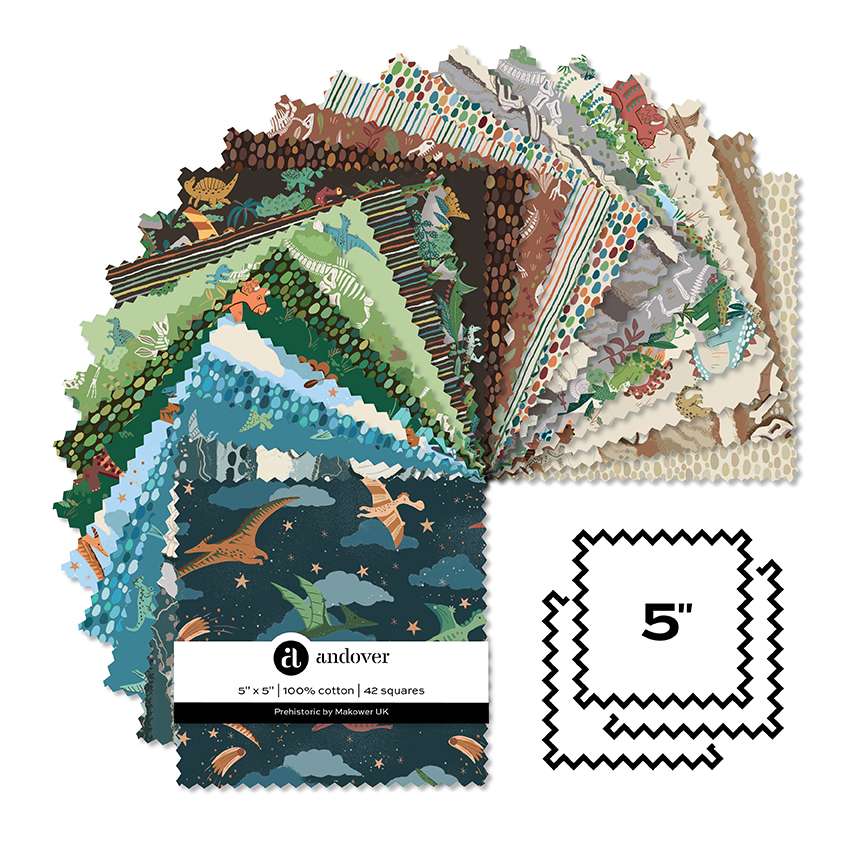 Prehistoric | 5" Charm Pack by Makower UK for Andover Fabrics | 42 pcs