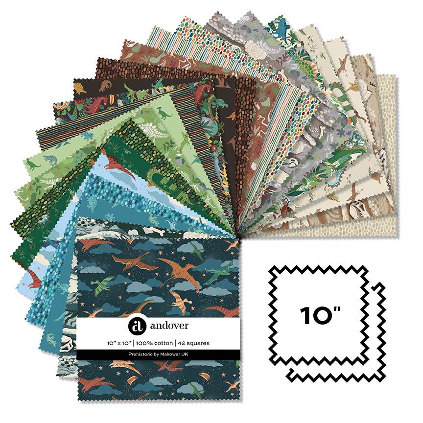 Prehistoric | 10" Square Pack by Makower UK for Andover Fabrics | 42 pcs
