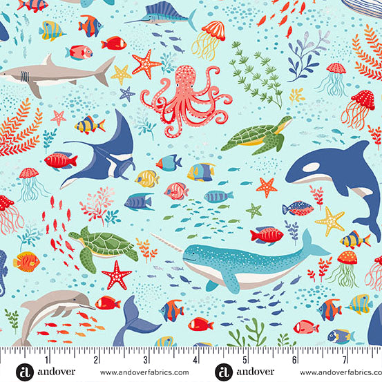 Deep Blue Sea - Light Blue Creatures by Makower UK for Andover Fabrics | MU-137-B2