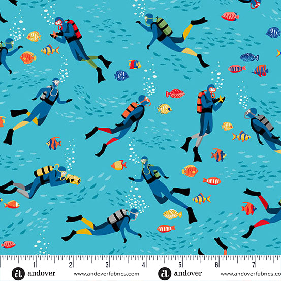 Deep Blue Sea - Light Blue Divers by Makower UK for Andover Fabrics | MU-138-B2