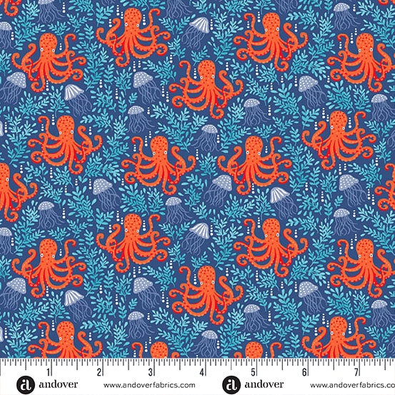 Deep Blue Sea - Dark Blue Octopus by Makower UK for Andover Fabrics | MU-140-B8