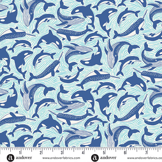 Deep Blue Sea - White Fins & Tails by Makower UK for Andover Fabrics | MU-142-W