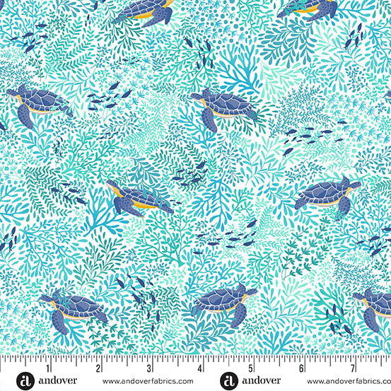 Deep Blue Sea - White Turtles by Makower UK for Andover Fabrics | MU-143-W