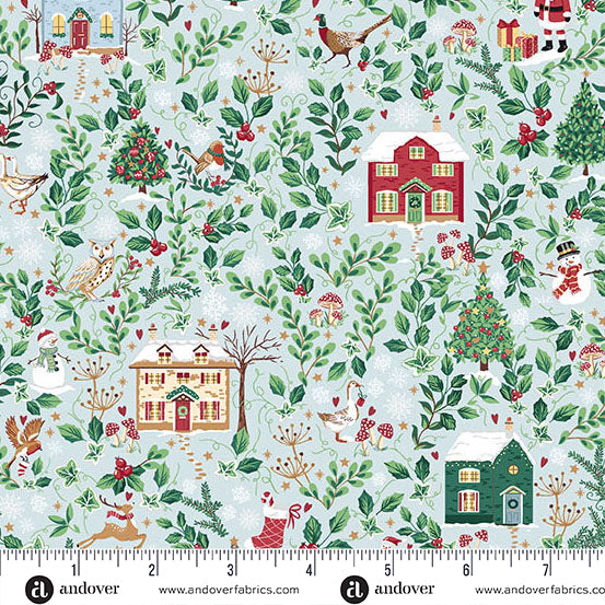 Country Christmas | Cottages Blue by Makower UK for Andover Fabrics | MU-240-B