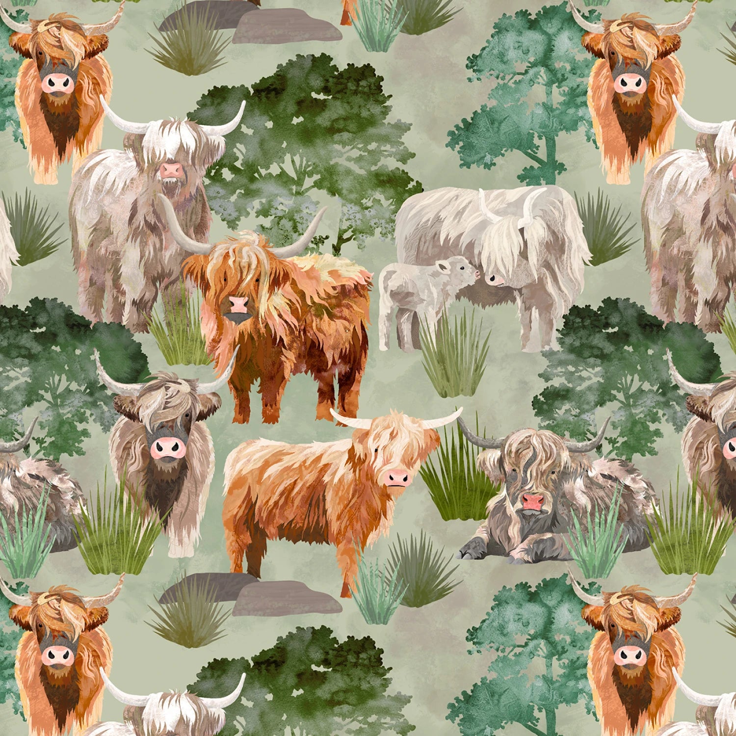 Highlander | Sage Cows and Trees by Cat Thurman Designs for Studio E | 8616-61