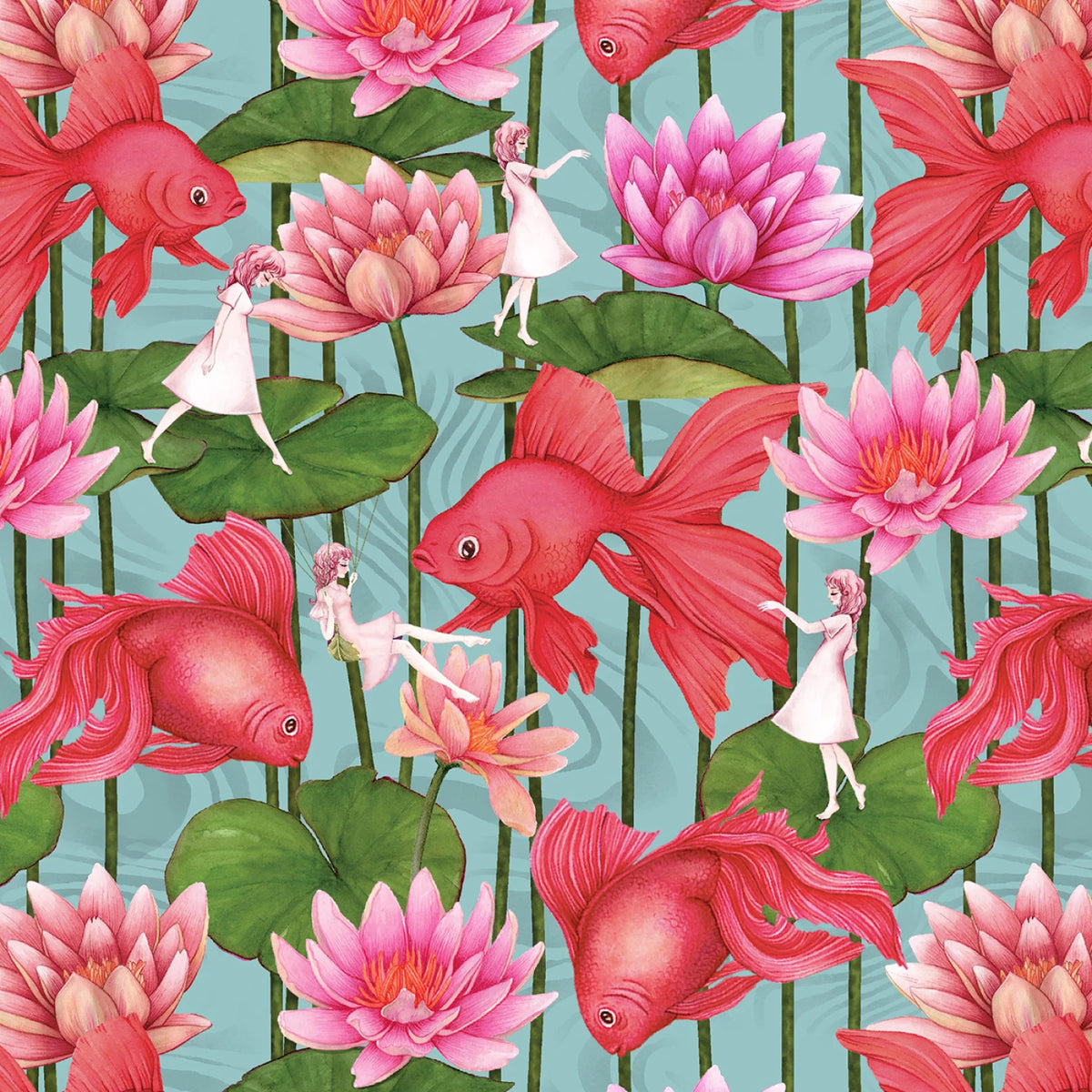 Whispers of Pond Life | Mist Blue Fairies and Koi Fish by Yu.Me Design for Studio E |  8706-11