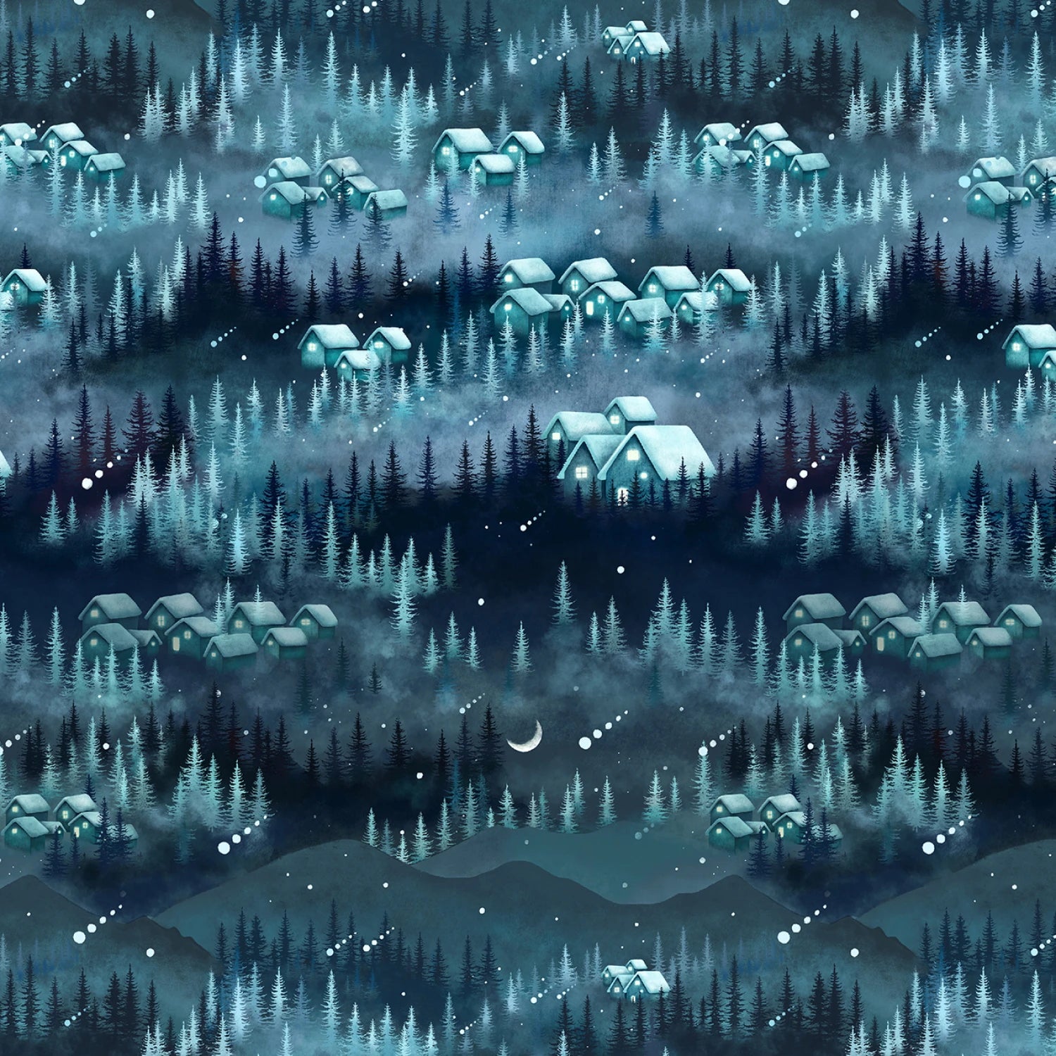 Moondance | Teal Forest Village by Episodic Drawing for Blank Quilting | 5033-72