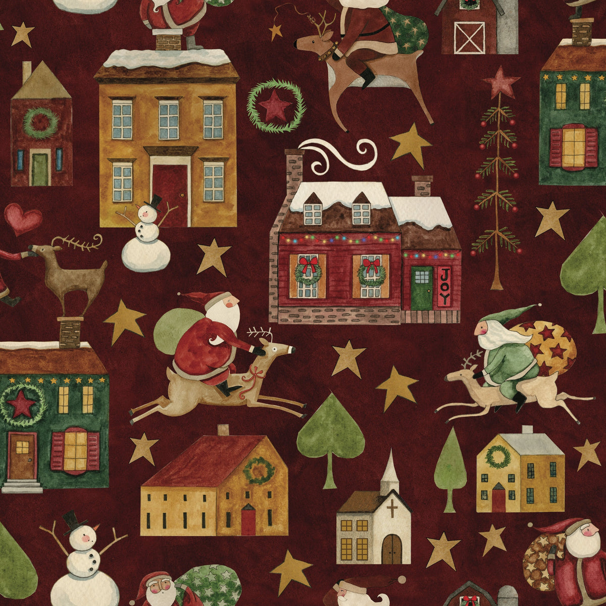 Up on the Housetop | Main Cranberry by Teresa Kogut for Riley Blake