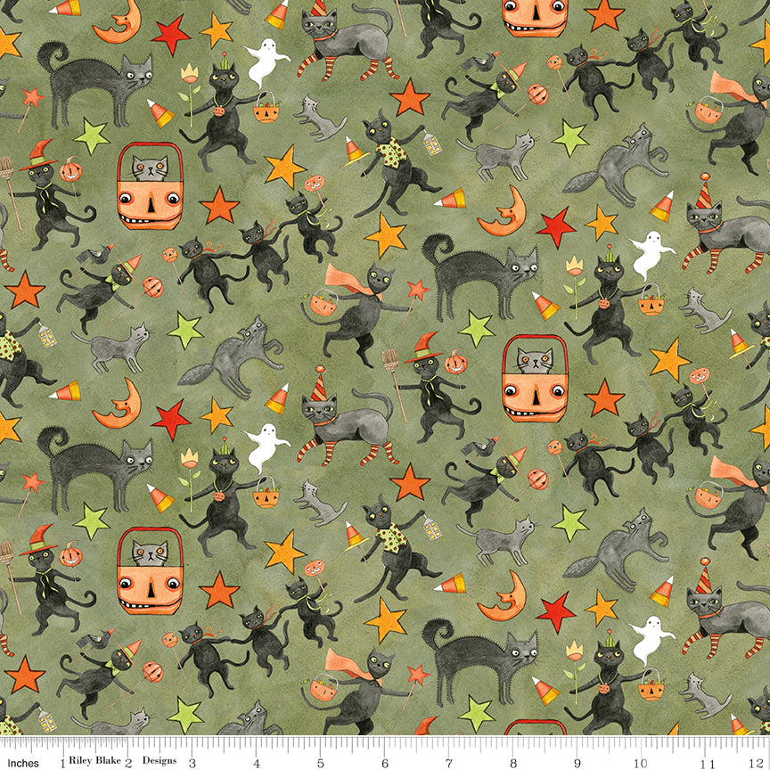 Spooky | Cats Green by Teresa Kogut for Riley Blake | C17572-GREEN