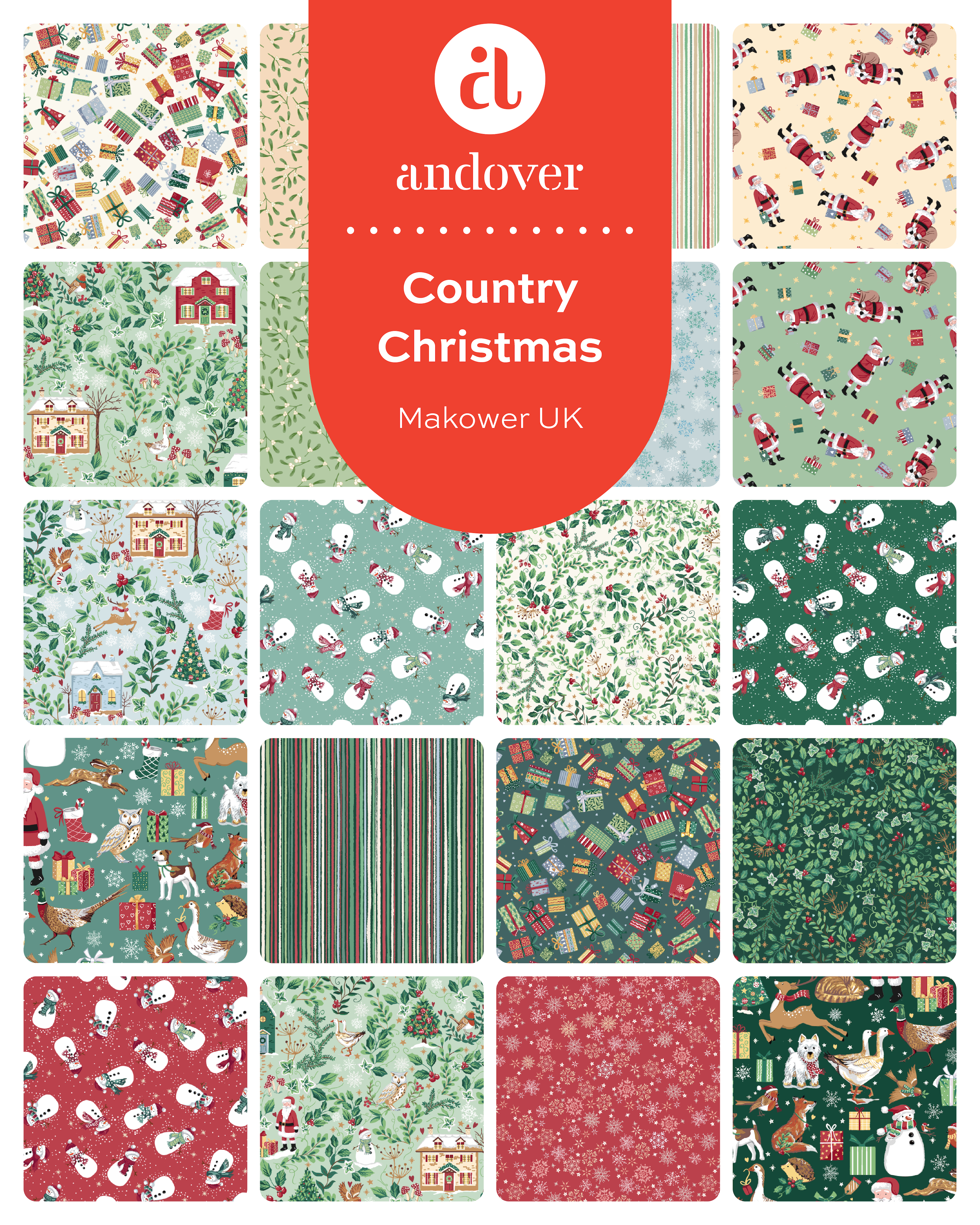Country Christmas | 5" Charm Pack by Makower UK for Andover Fabrics | 42pcs | 100% Cotton