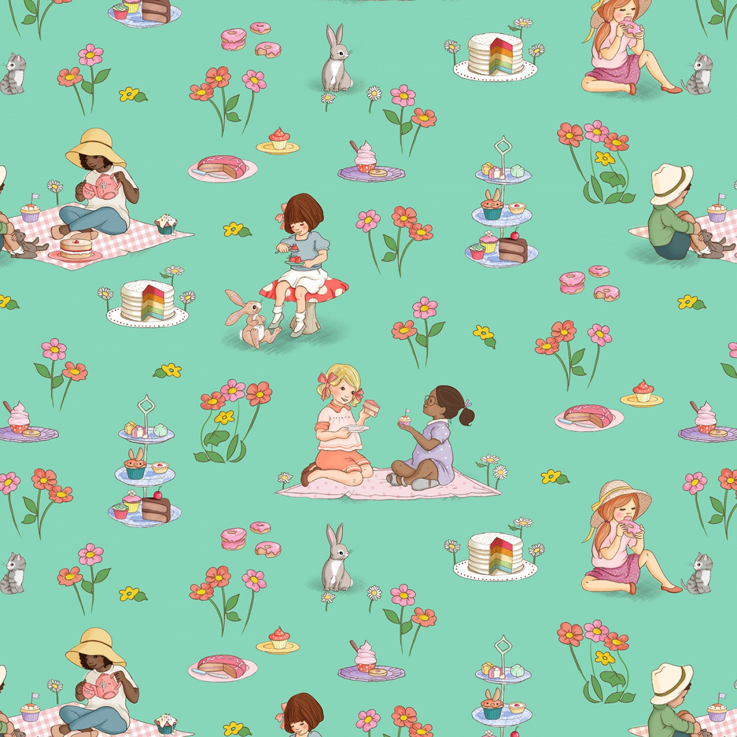 Yummy Scrummy Day - Green Tea Party Scenic by Belle & Boo for Michael Miller