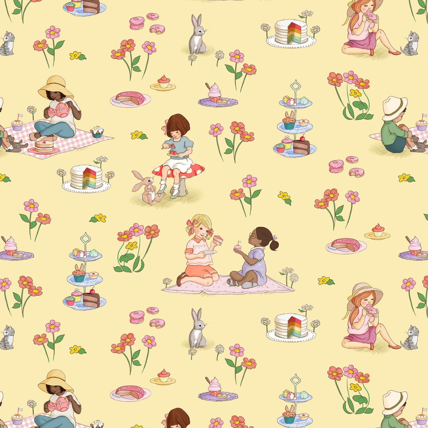 Yummy Scrummy Day - Yellow Tea Party Scenic by Belle & Boo for Michael Miller