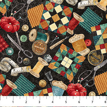 Stonehenge Stitchin' | Black Multi Sewing Stuff by Deborah Edwards for Northcott | DP28343-99