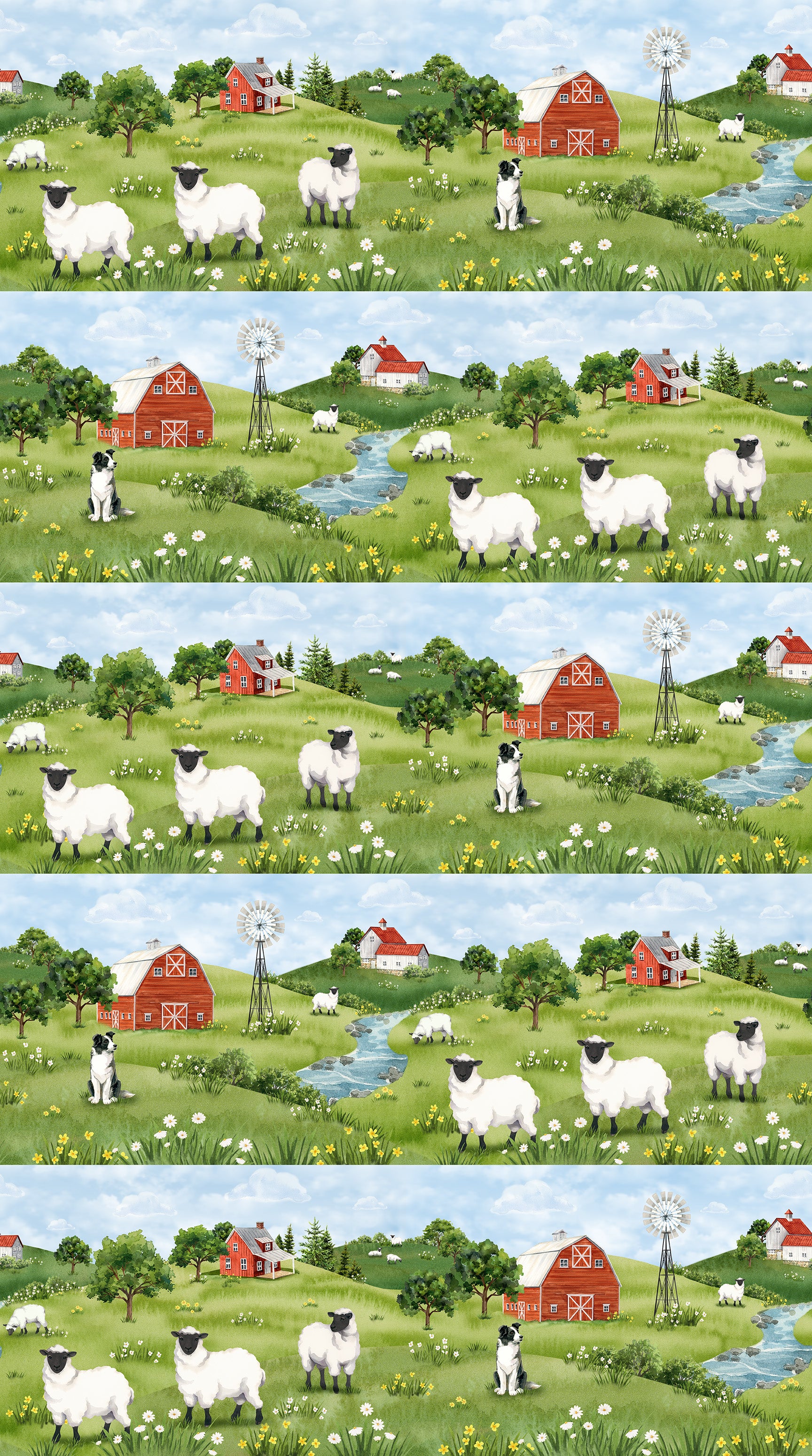 Counting Sheep | Scenic Border Stripe by Deborah Edwards for Northcott | DP28471-74