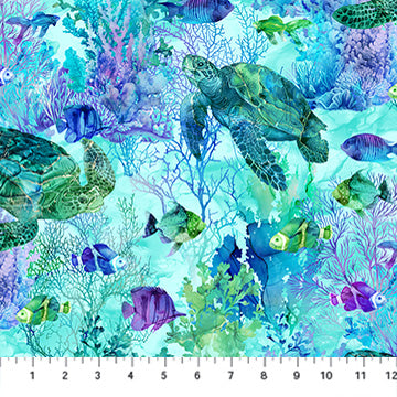 Coral Reef | Turtle & Fish Turquoise Multi by Deborah Edwards & Melanie Samra for Northcott | DP28877-66