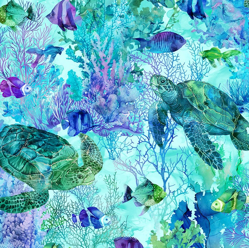 Coral Reef | Turtle & Fish Turquoise Multi by Deborah Edwards & Melanie Samra for Northcott | DP28877-66