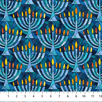 Hanukkah Lights | Menorahs Blue Multi by Deborah Edwards & Elena Belokrinitski for Northcott | DP28981-46