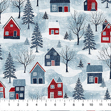 Village Folk Flannel | Large Houses - Light Blue Multi by Northcott Studio | F28823-42 | 100% Cotton Flannel