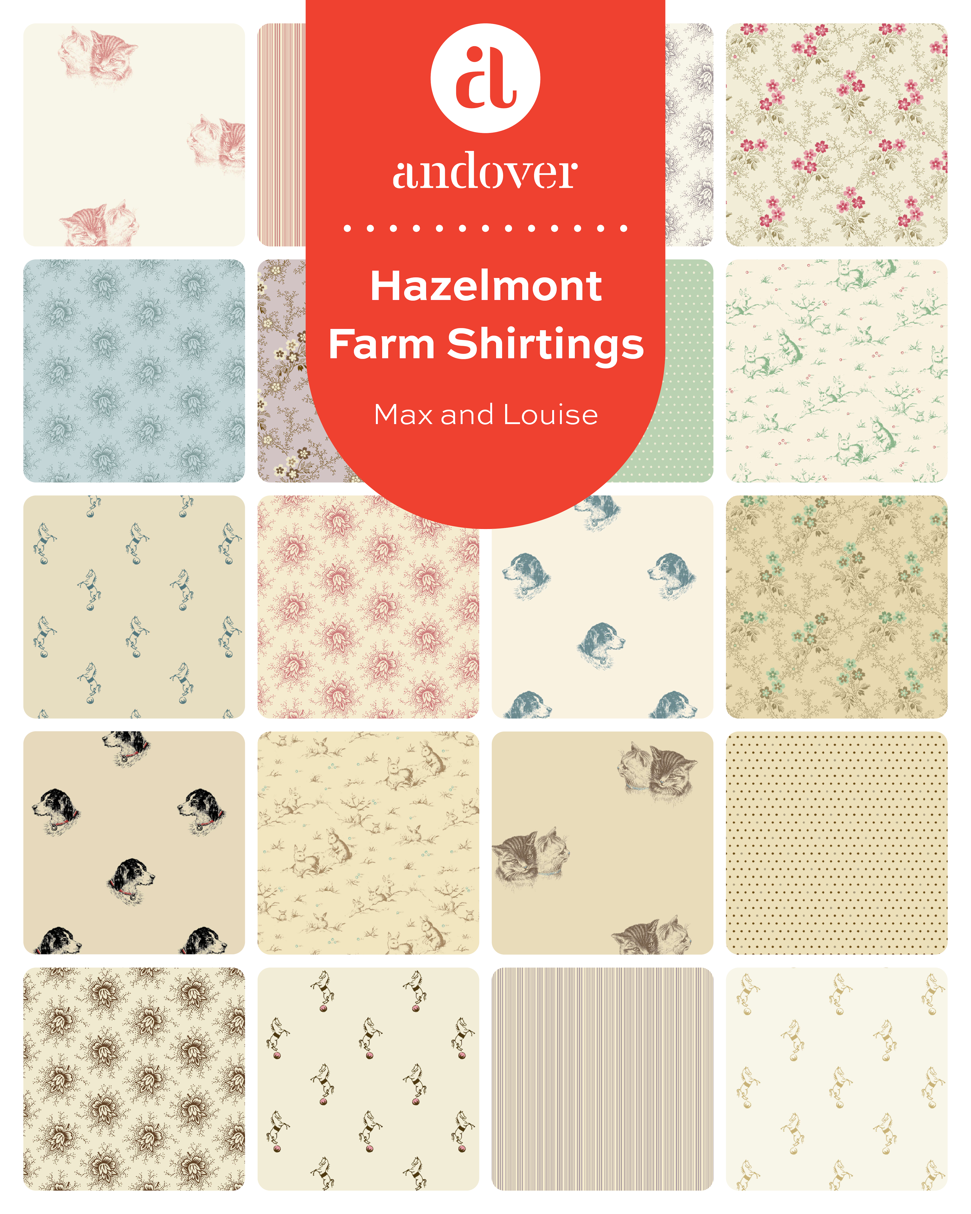 Hazelmont Farm Shirtings | 5" Charm Pack by Max and Louise for Andover Fabrics | 42 pcs | 100% Cotton