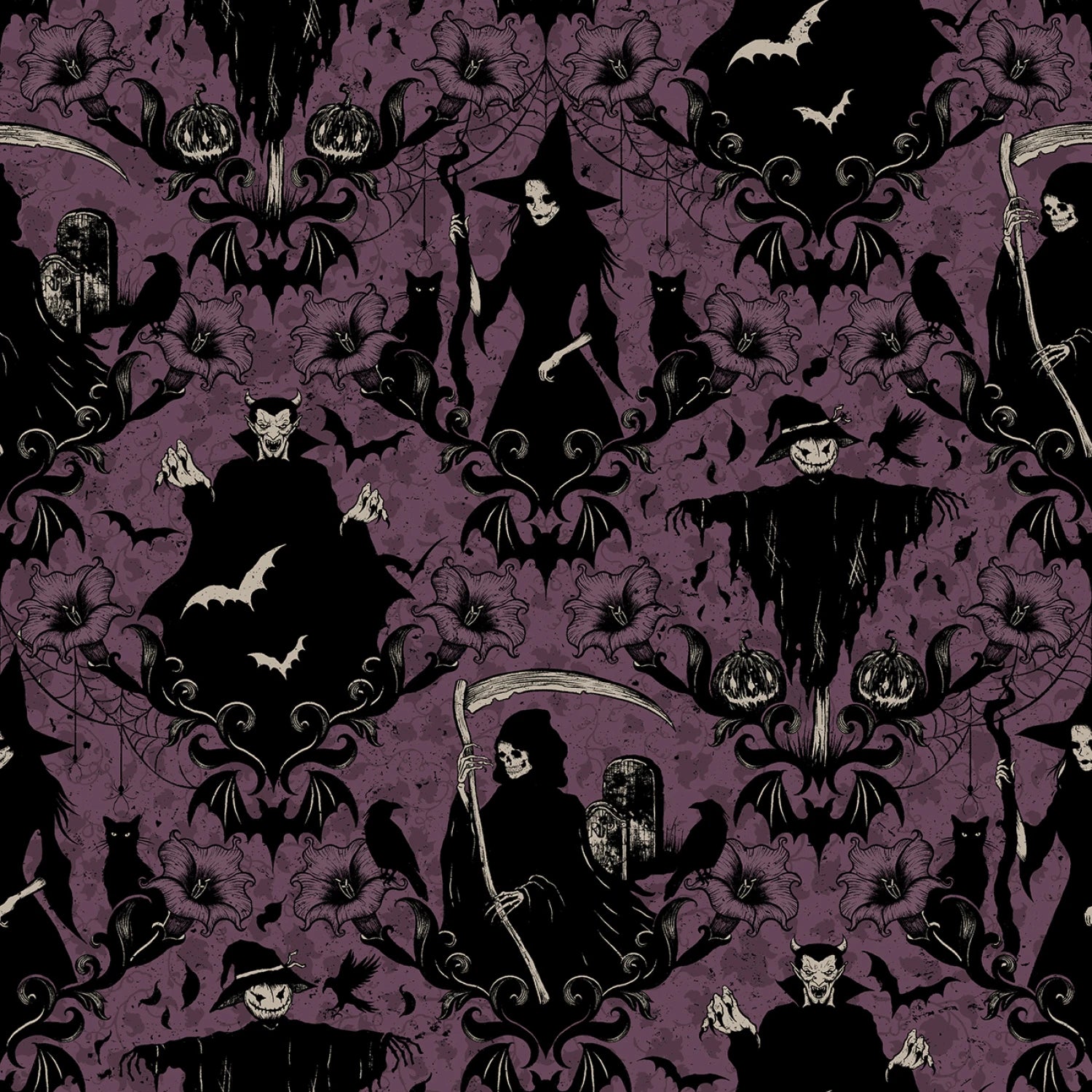 Darkly Enchanted | Plum Damask by Episodic Drawing for Blank Quilting | 4792-55