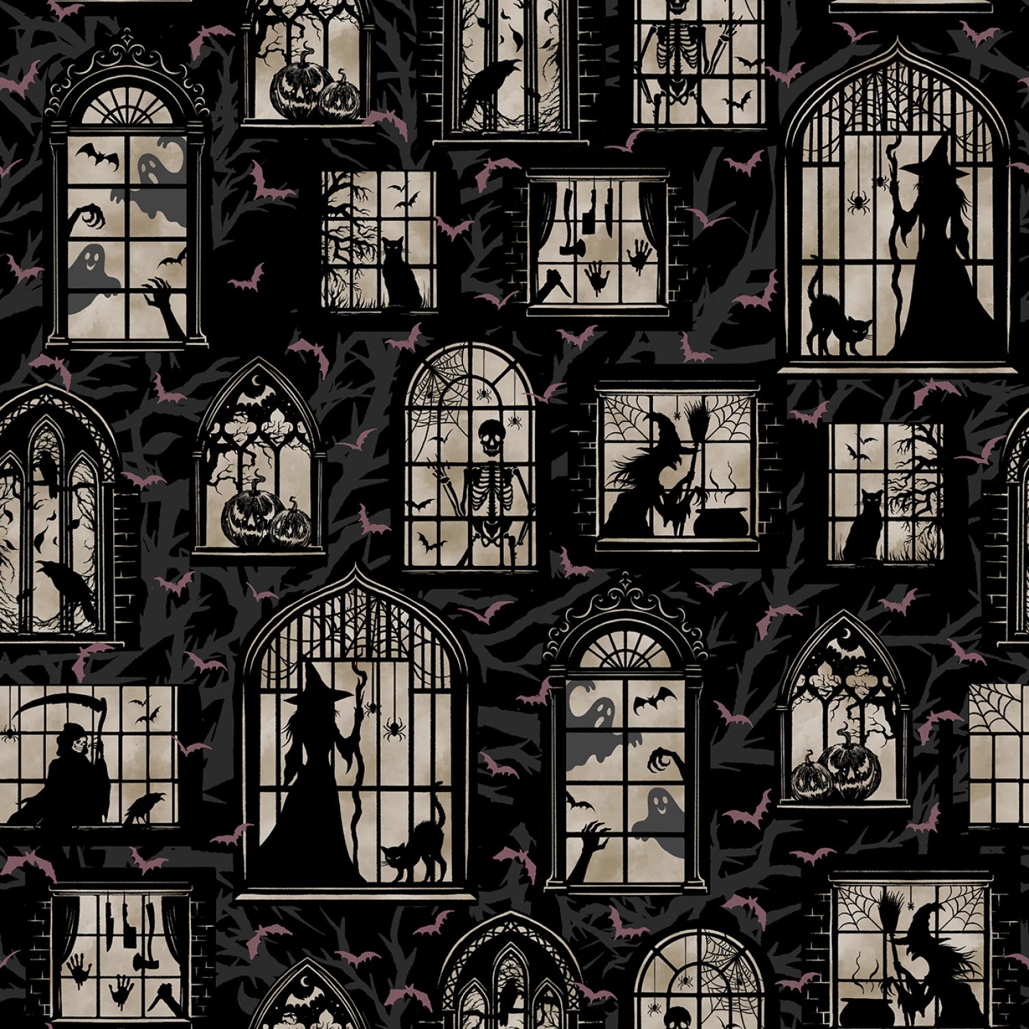 Darkly Enchanted | Black Mansion Windows by Episodic Drawing for Blank Quilting | 4793-99