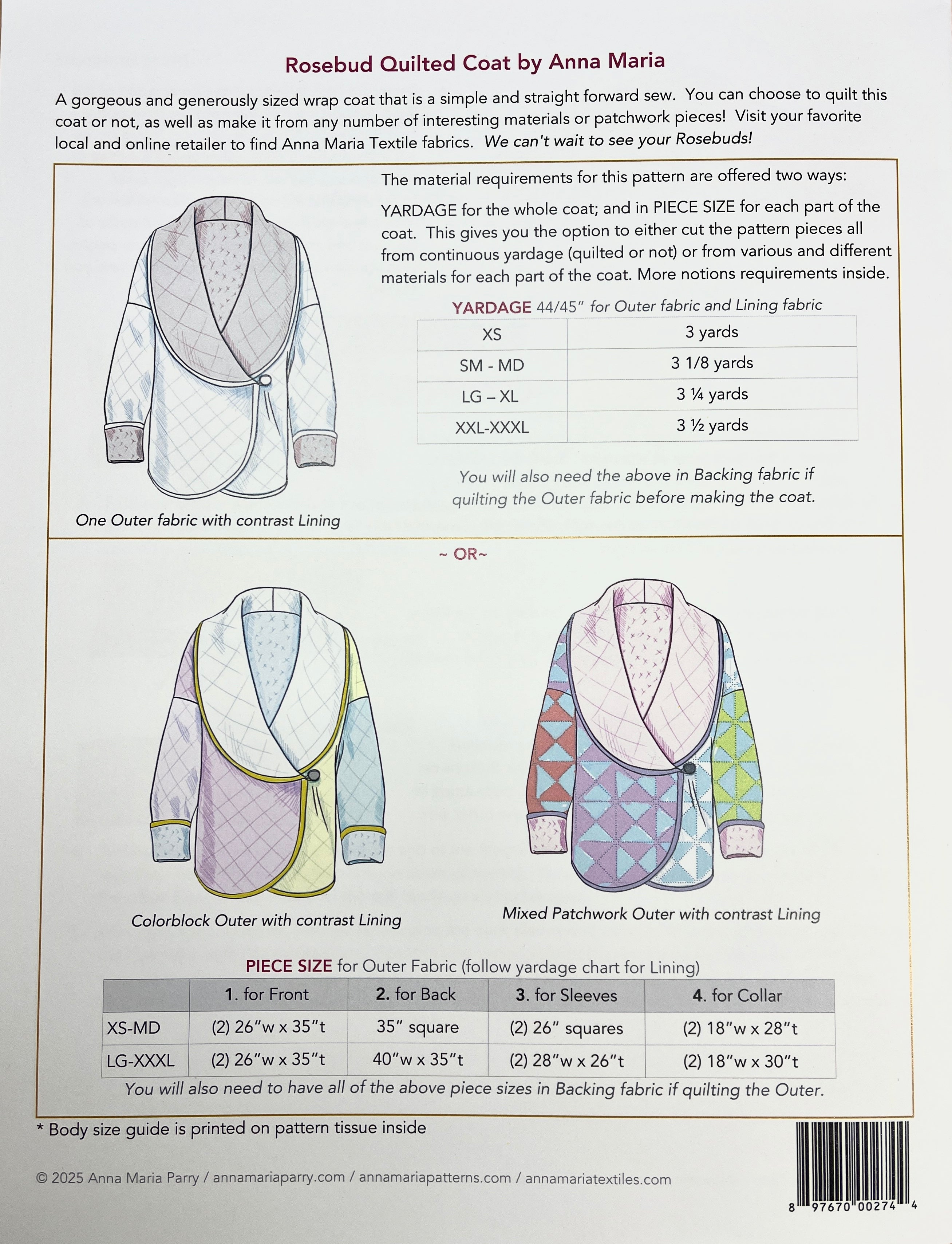 Rosebud Quilted Coat Pattern from Anna Maria Patterns | XS-XXXL