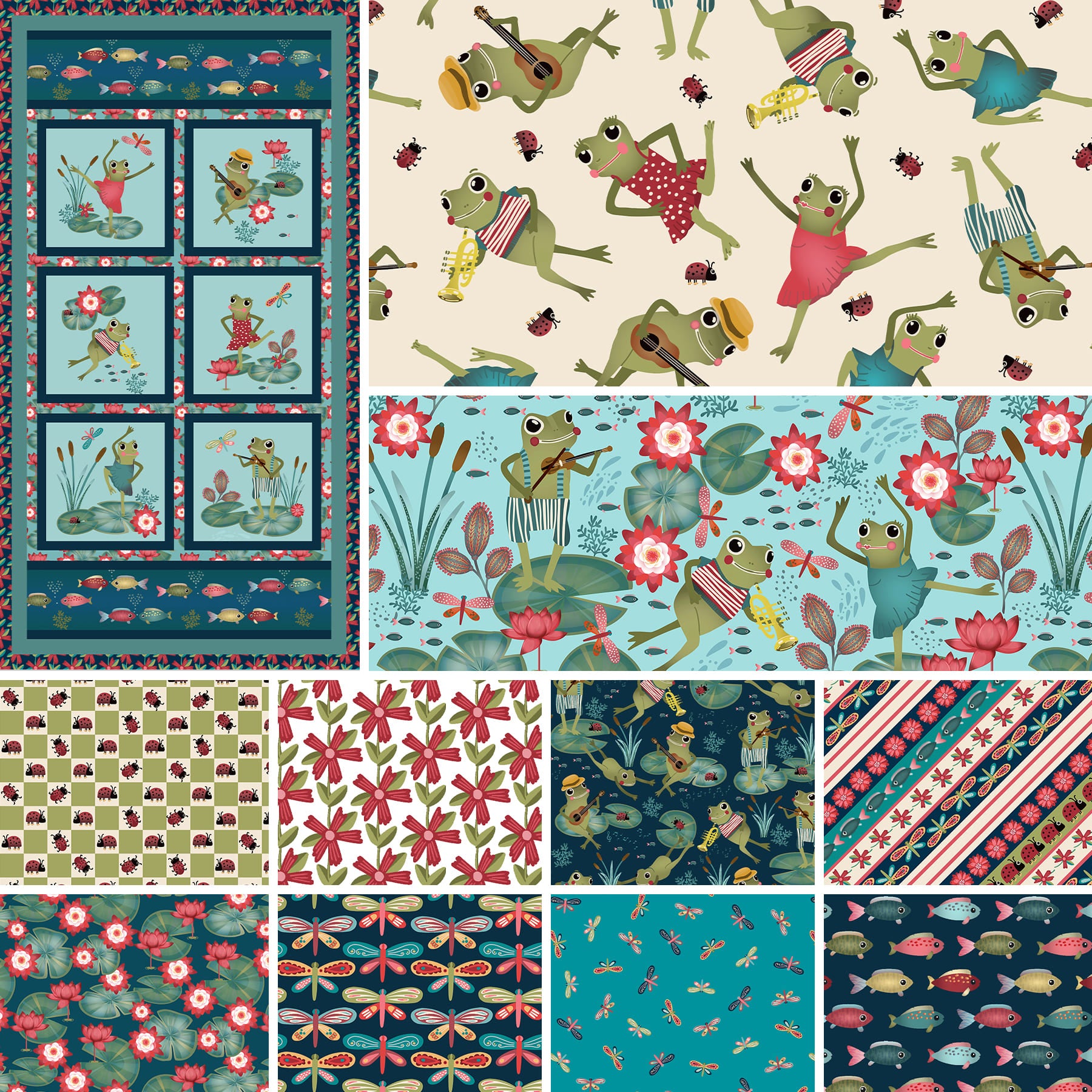 Lake Night Serenade | Light Blue Frog Blocks 24" Panel by Bienvenido for Blank Quilting | 4310P-72