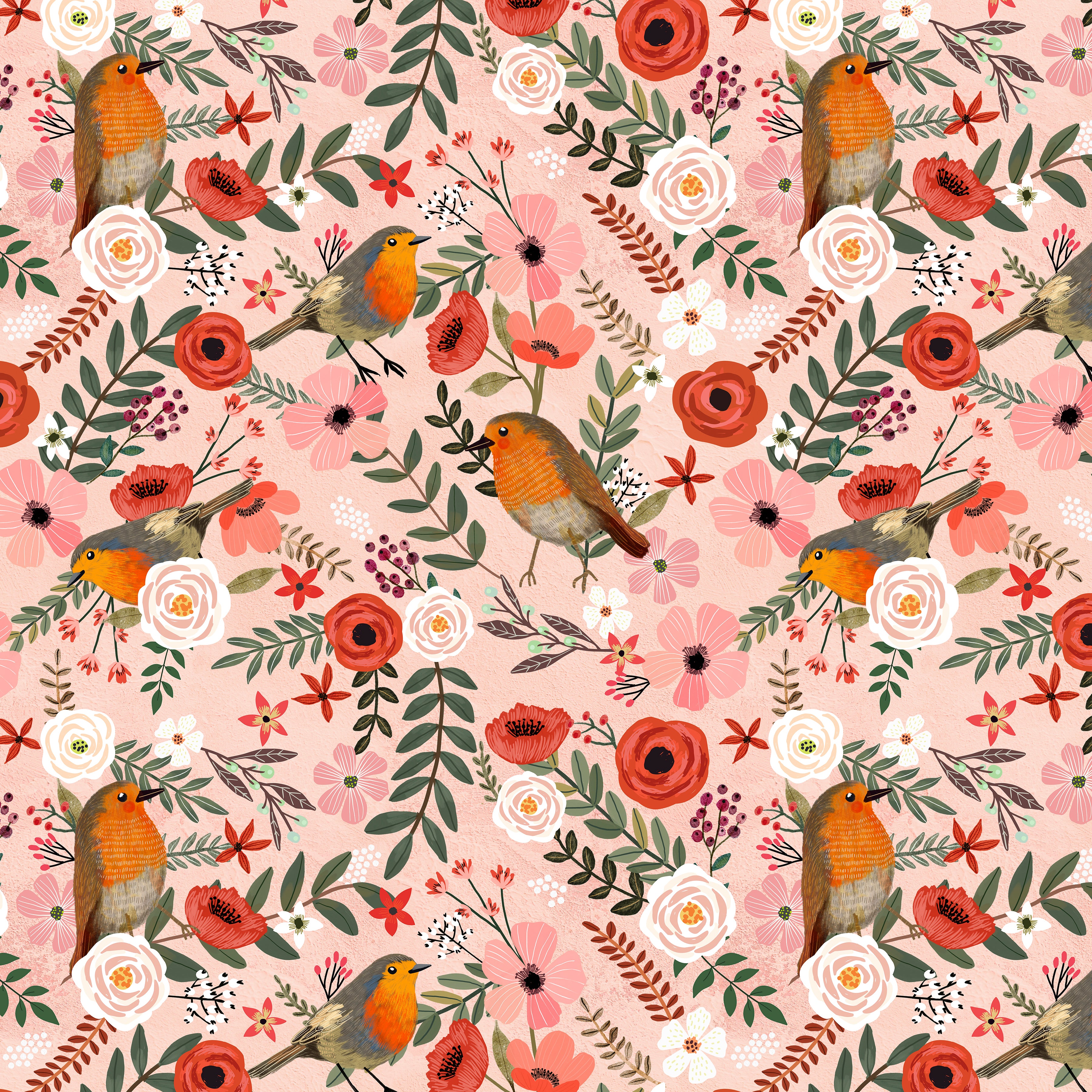 Bird Garden - Lovely Robins Pink by Mia Charro for Free Spirit