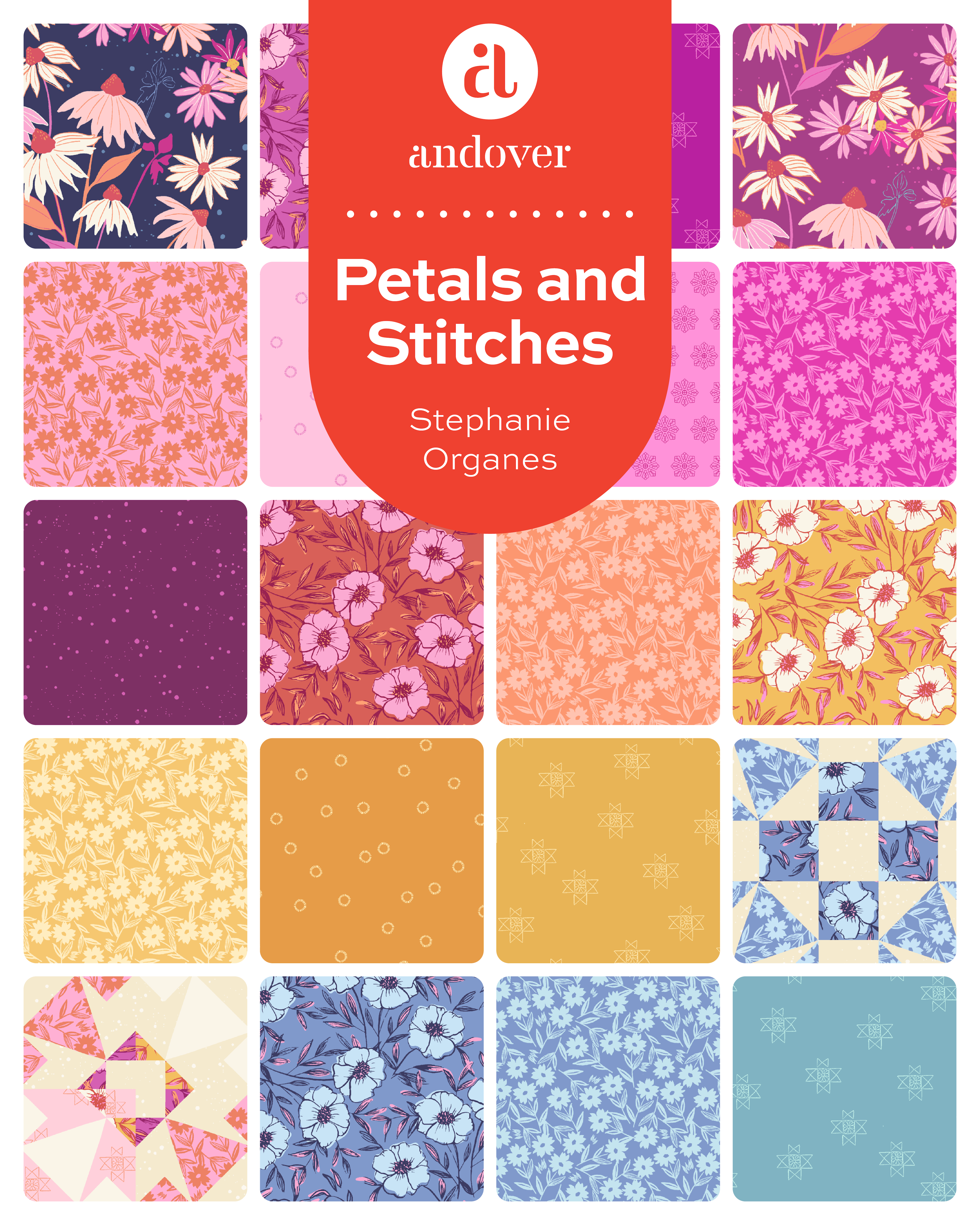 Petals and Stitches | 10" Square Pack by Stephanie Organes for Andover Fabrics | 42 pcs