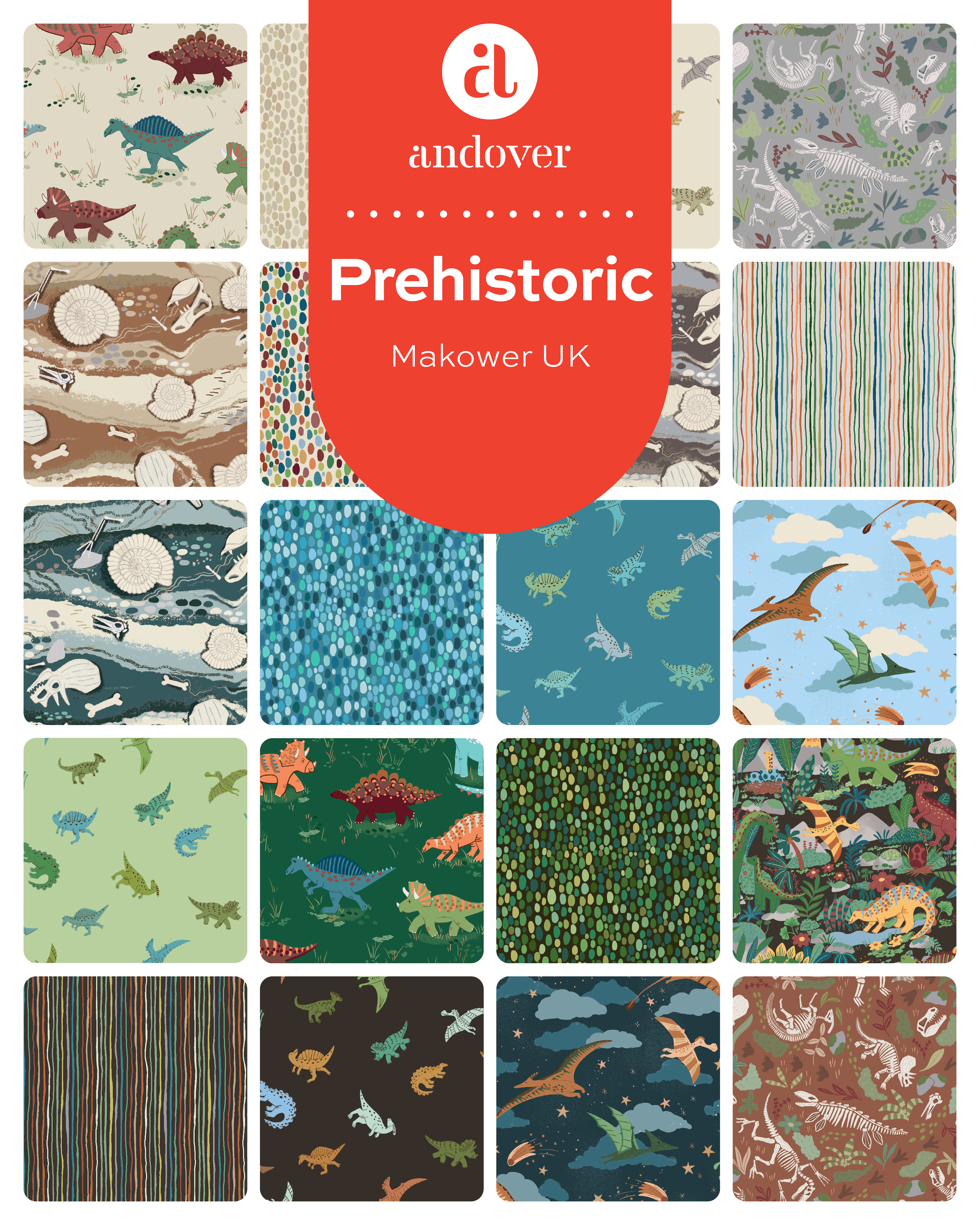 Prehistoric | 10" Square Pack by Makower UK for Andover Fabrics | 42 pcs