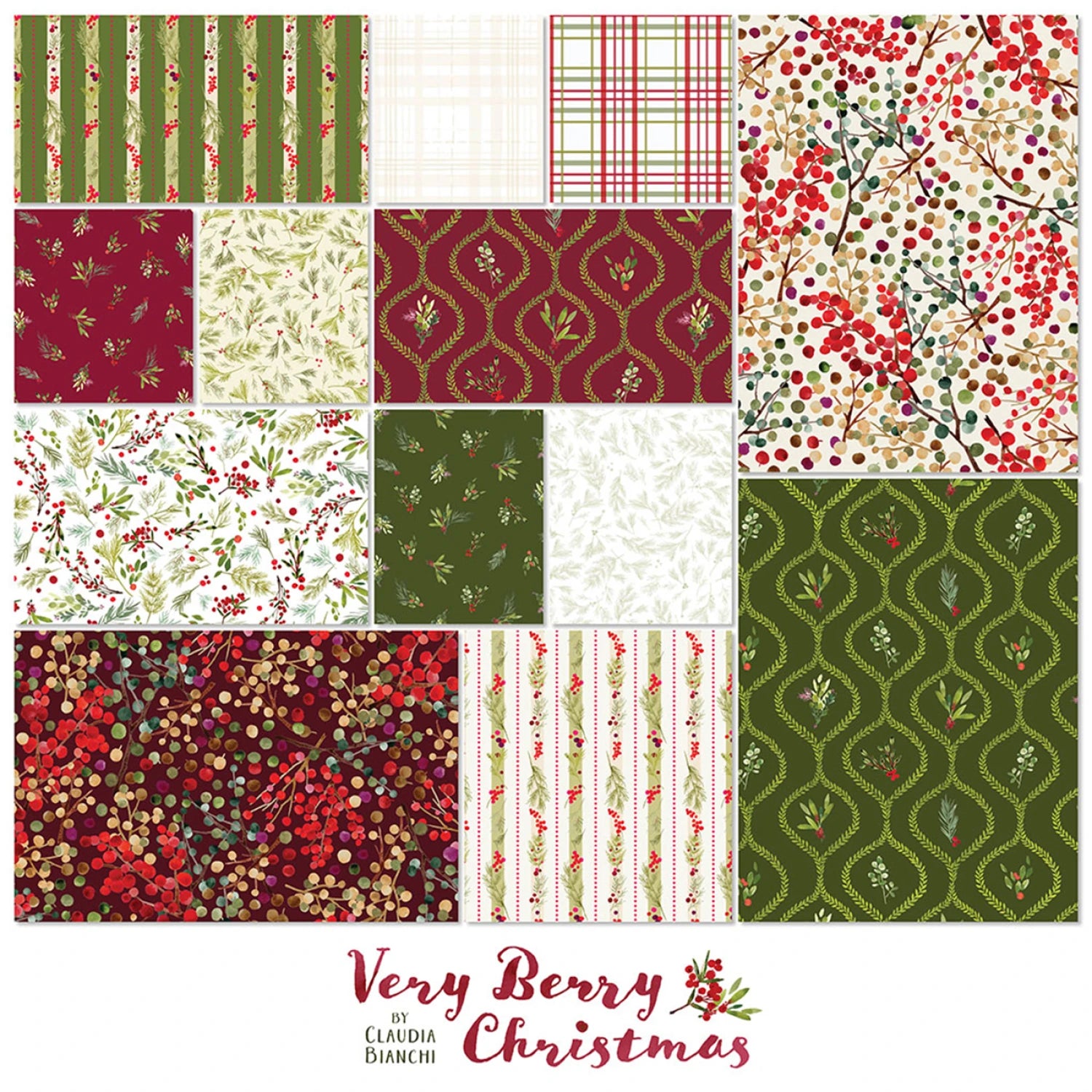 Very Berry Christmas | 5" Charm Pack by Claudia Bianchi for Clothworks | 42 pcs | 100% Cotton