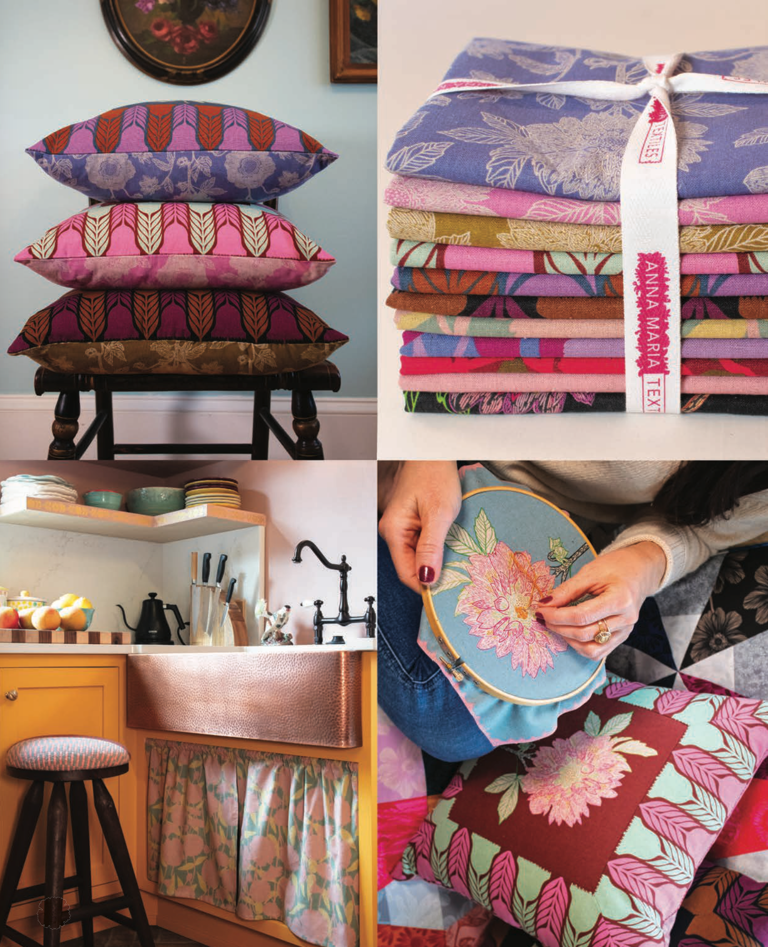 Silhouette | Stitched Dahlia - Sun by Anna Maria Textiles | Linen/Cotton Blend Fabric