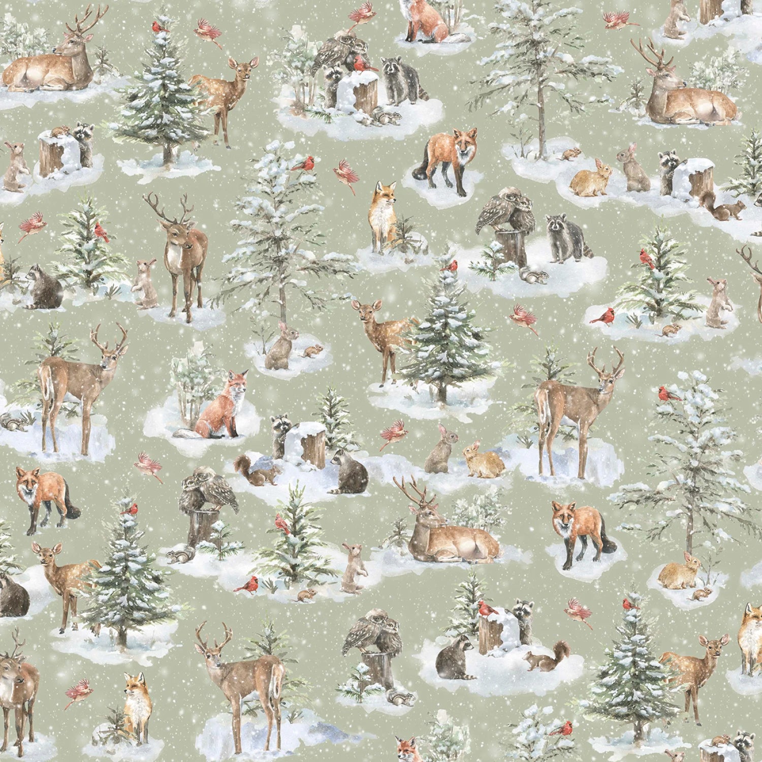 Woodland Whispers | Woodland Creature Allover Green by Leslie Trimbach for P&B Textiles | WWHI6203-A