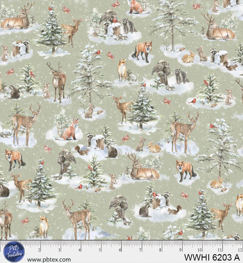 Woodland Whispers | Woodland Creature Allover Green by Leslie Trimbach for P&B Textiles | WWHI6203-A