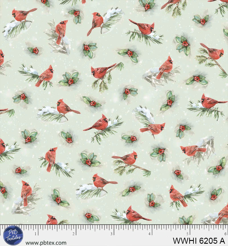 Woodland Whispers | Cardinal Allover Green by Leslie Trimbach for P&B Textiles | WWHI6205-A