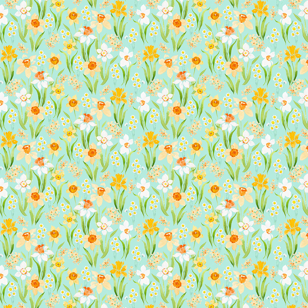 Spring Cheer | Light Teal Daffodils by Heatherlee Chan for Clothworks | Y4694-103